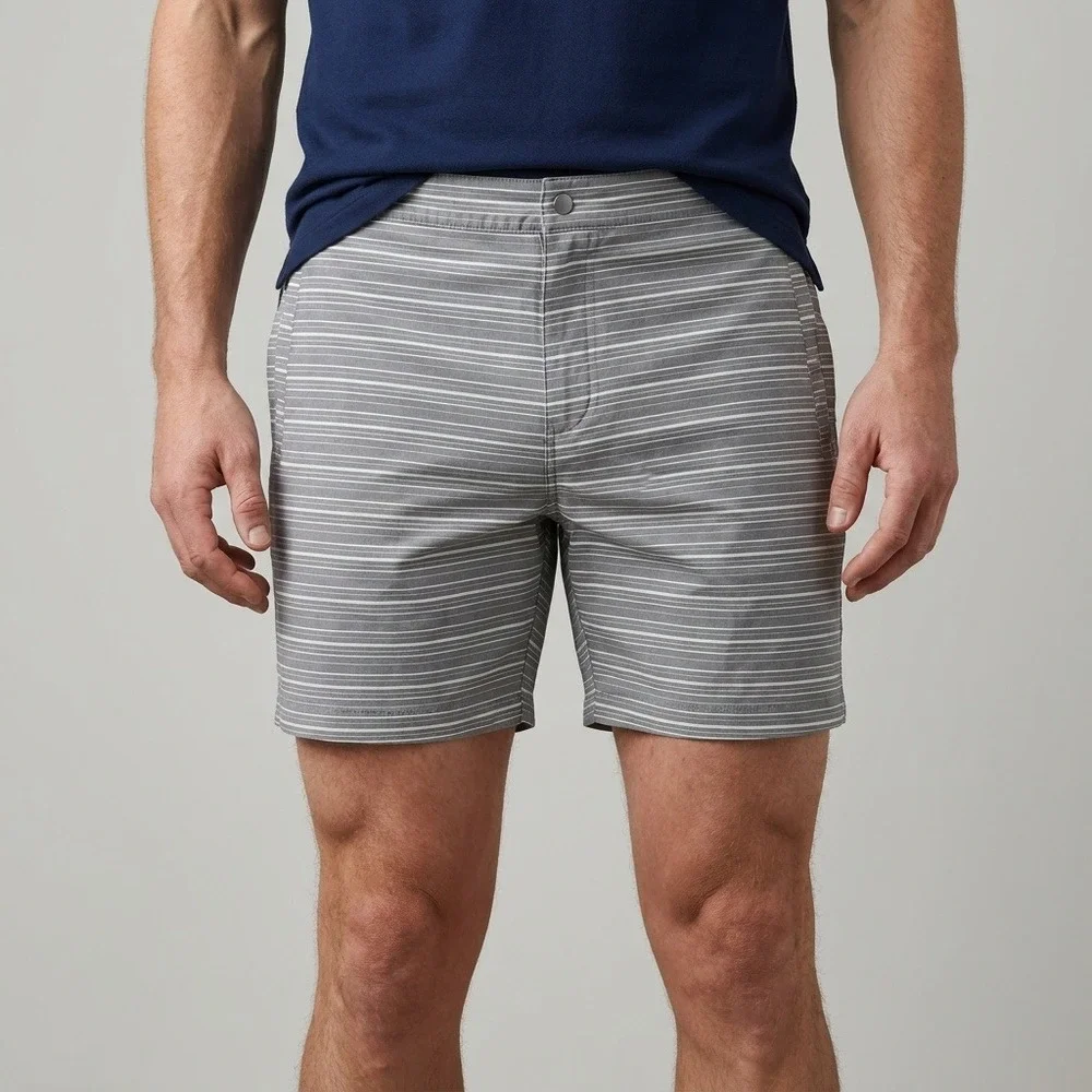 Marine Layer Mens Large Gray White Striped Hybrid Shorts Elastic Back 7 Inseam